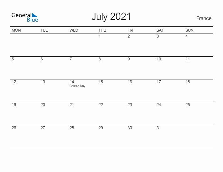 Printable July 2021 Calendar for France