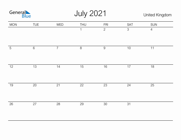Printable July 2021 Calendar for United Kingdom