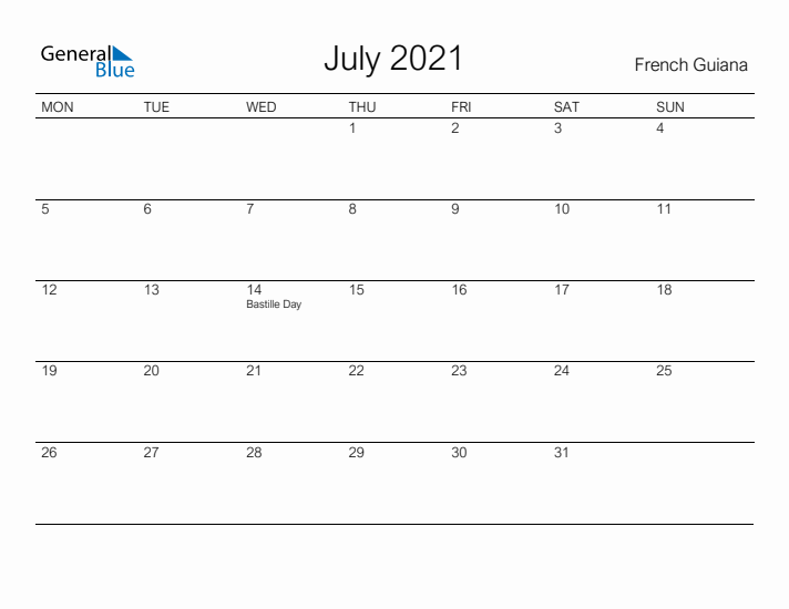 Printable July 2021 Calendar for French Guiana