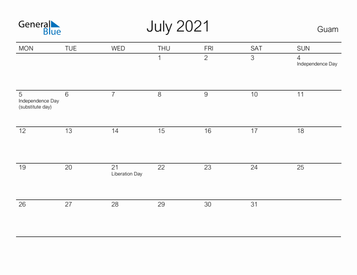 Printable July 2021 Calendar for Guam