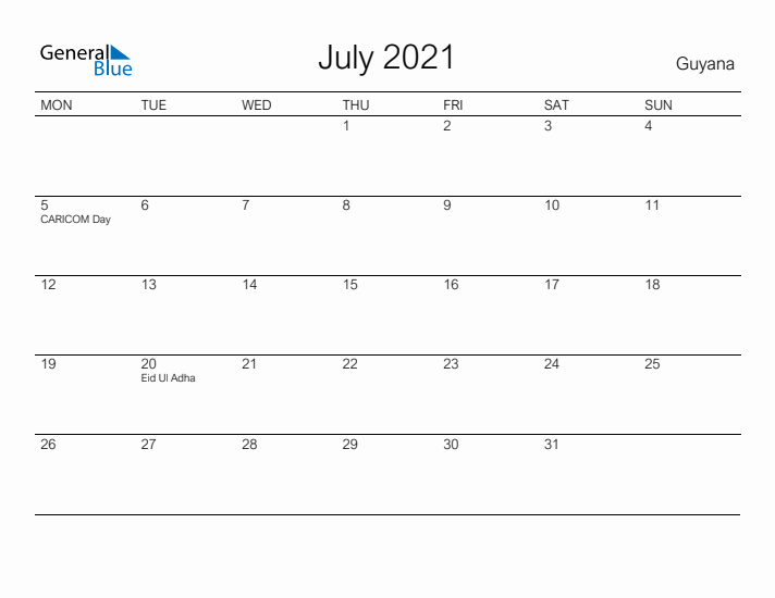 Printable July 2021 Calendar for Guyana