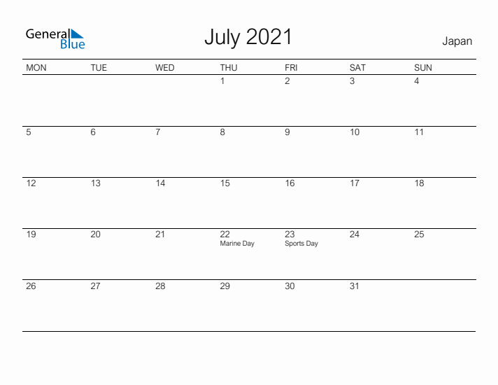Printable July 2021 Calendar for Japan