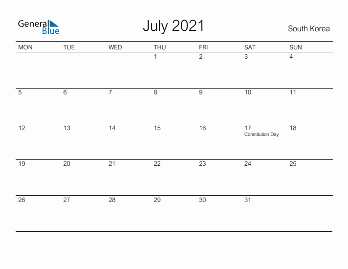 Printable July 2021 Calendar for South Korea