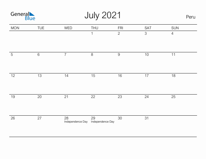 Printable July 2021 Calendar for Peru
