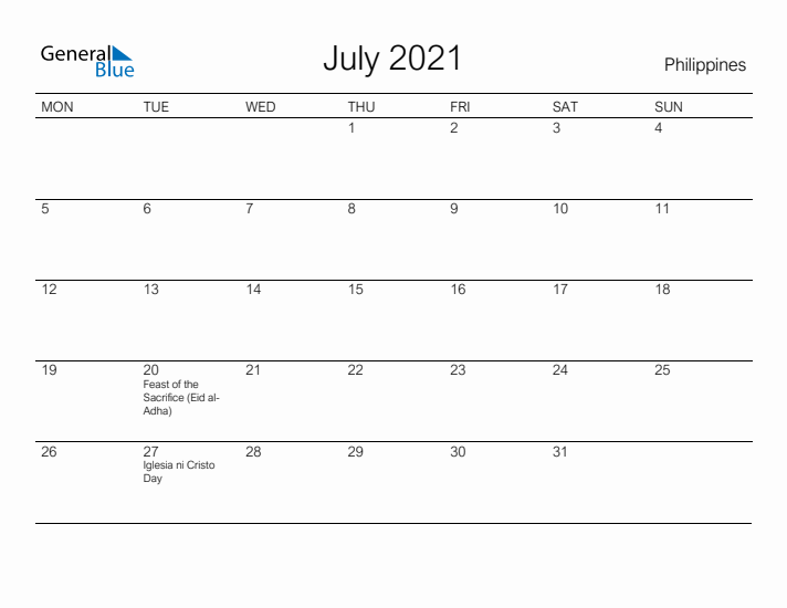 Printable July 2021 Calendar for Philippines