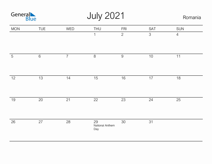 Printable July 2021 Calendar for Romania