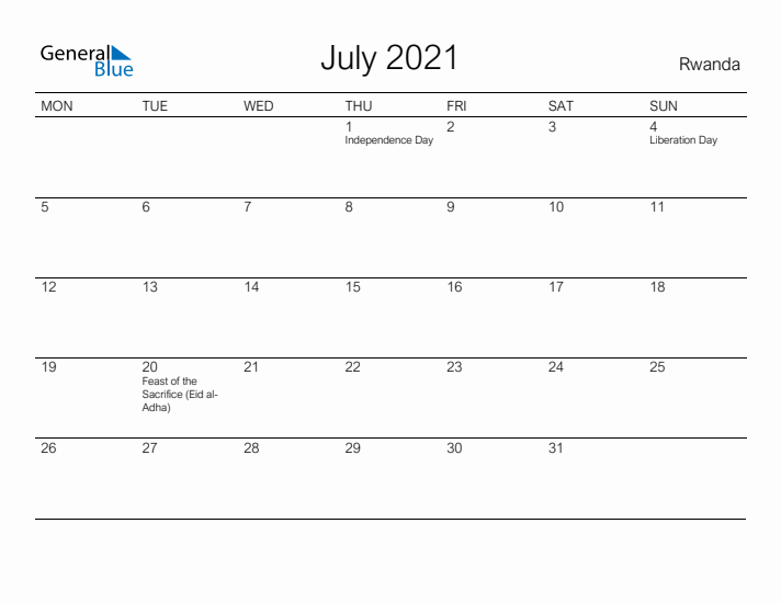 Printable July 2021 Calendar for Rwanda