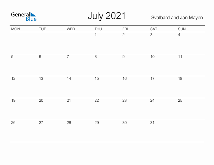 Printable July 2021 Calendar for Svalbard and Jan Mayen