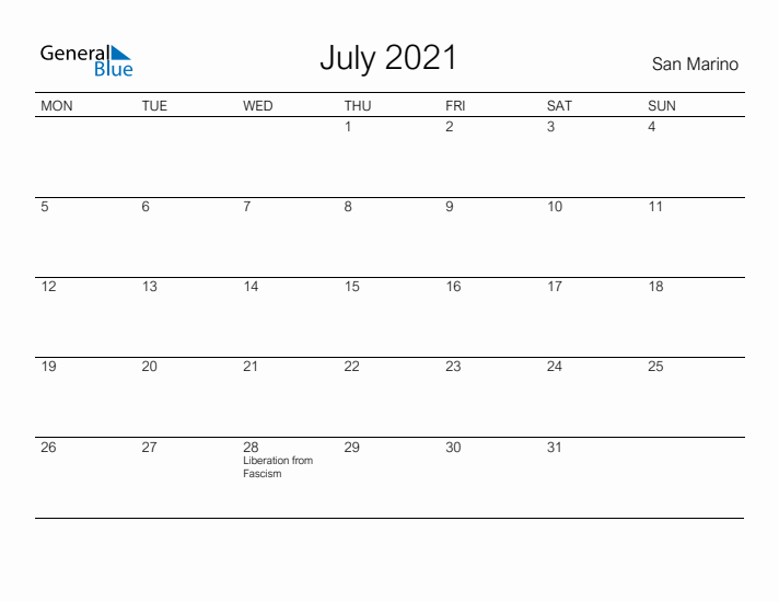 Printable July 2021 Calendar for San Marino