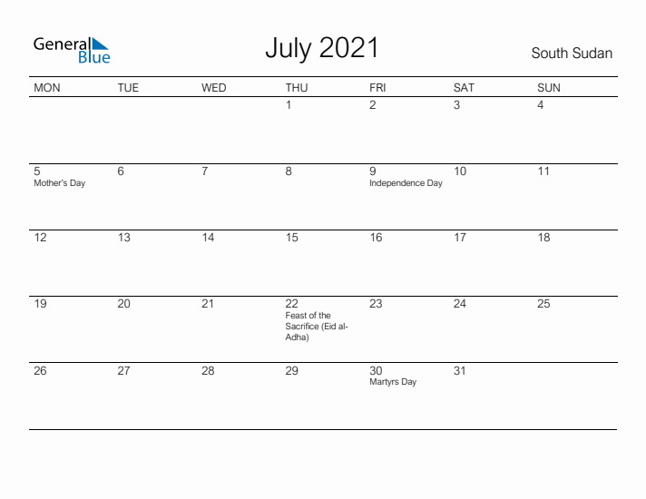 Printable July 2021 Calendar for South Sudan