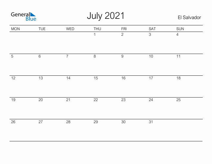 Printable July 2021 Calendar for El Salvador