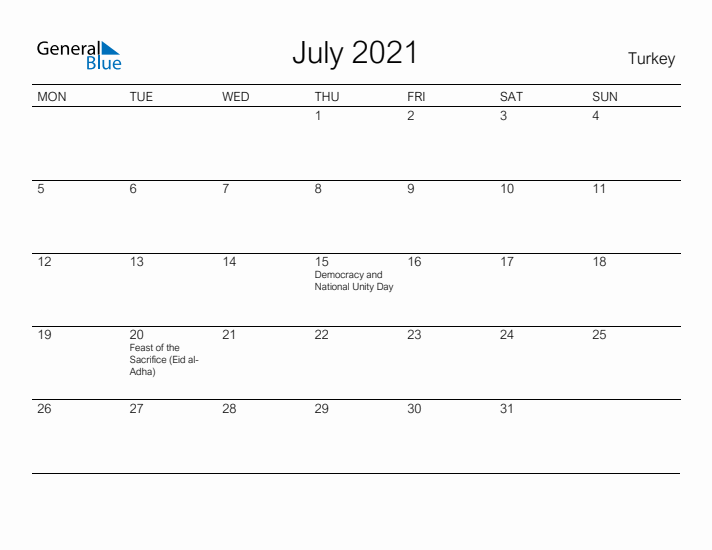 Printable July 2021 Calendar for Turkey