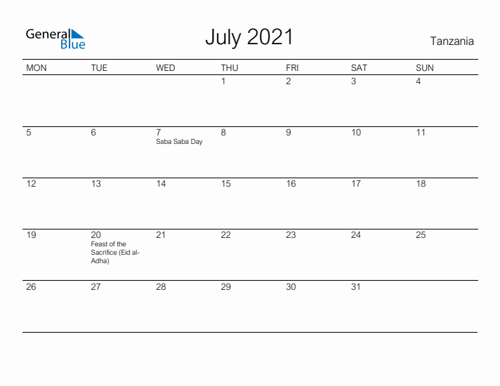 Printable July 2021 Calendar for Tanzania