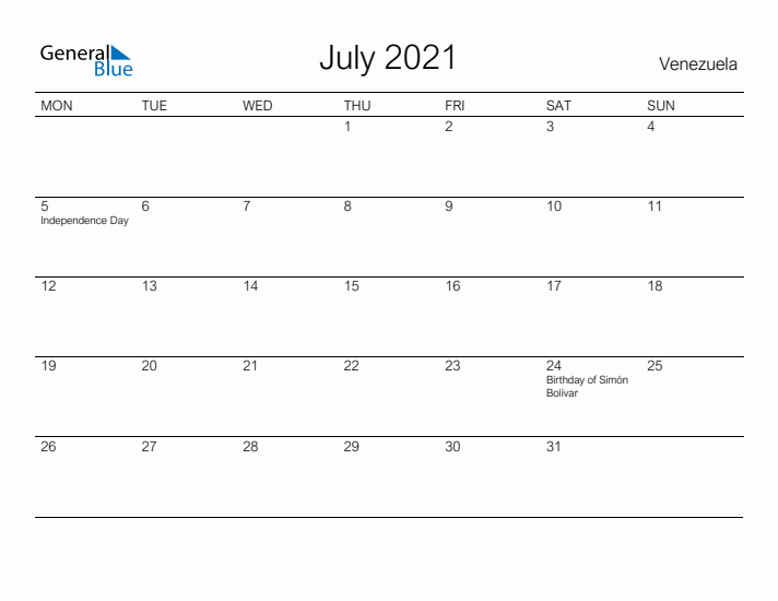 Printable July 2021 Calendar for Venezuela