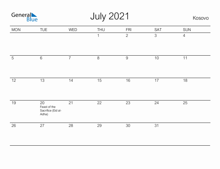 Printable July 2021 Calendar for Kosovo