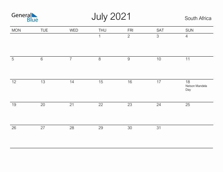 Printable July 2021 Calendar for South Africa