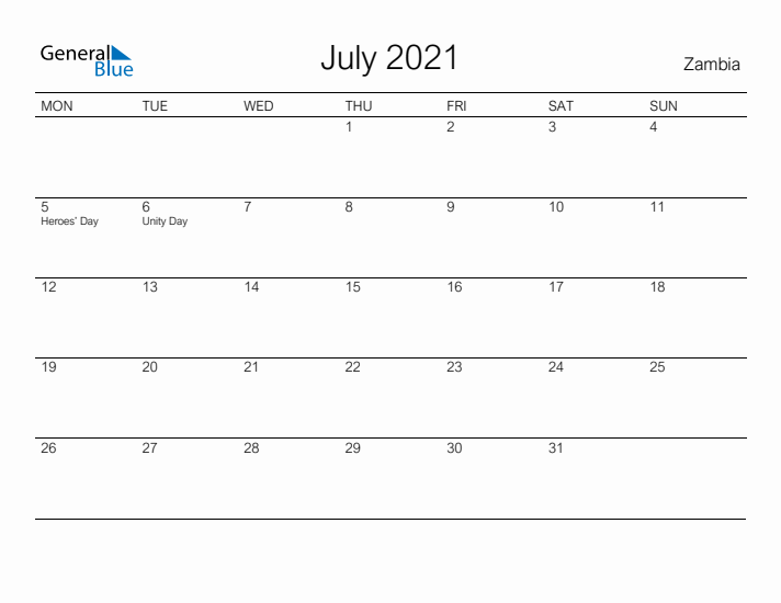 Printable July 2021 Calendar for Zambia
