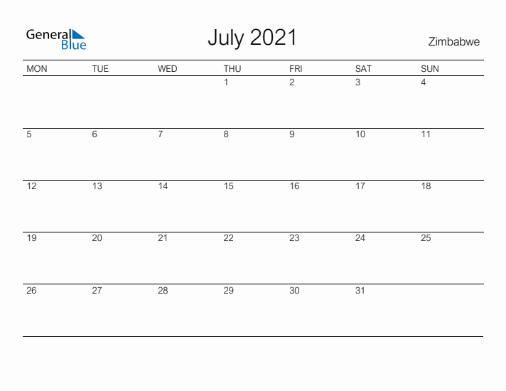 Printable July 2021 Calendar for Zimbabwe