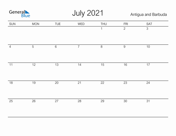 Printable July 2021 Calendar for Antigua and Barbuda