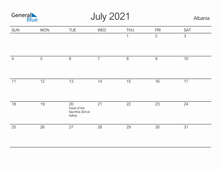 Printable July 2021 Calendar for Albania