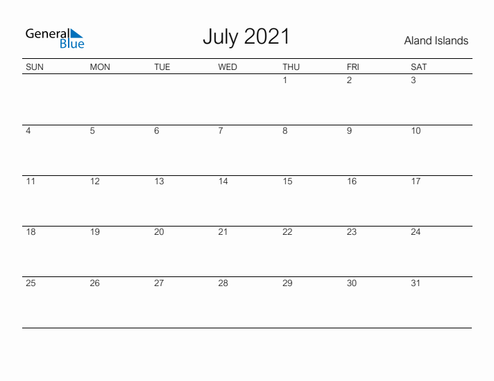 Printable July 2021 Calendar for Aland Islands