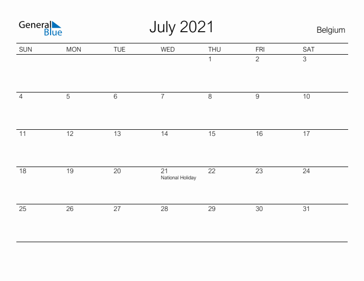 Printable July 2021 Calendar for Belgium