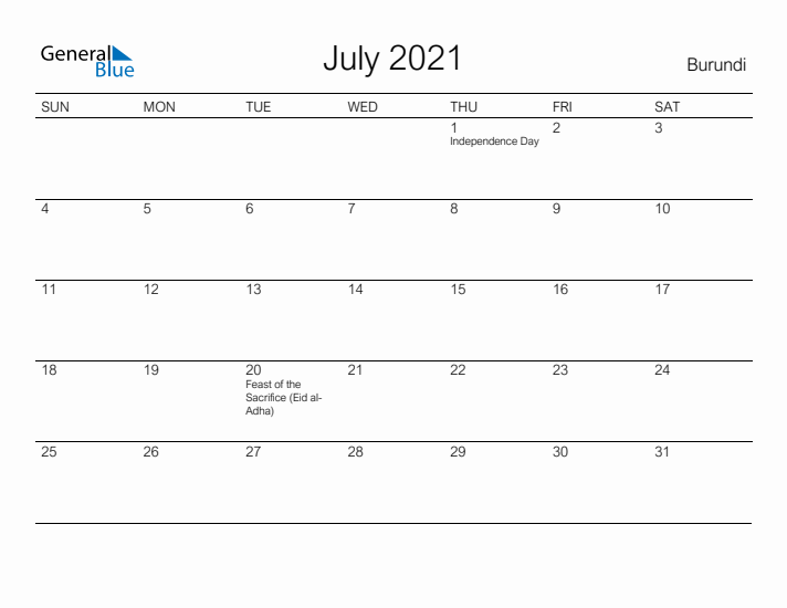 Printable July 2021 Calendar for Burundi