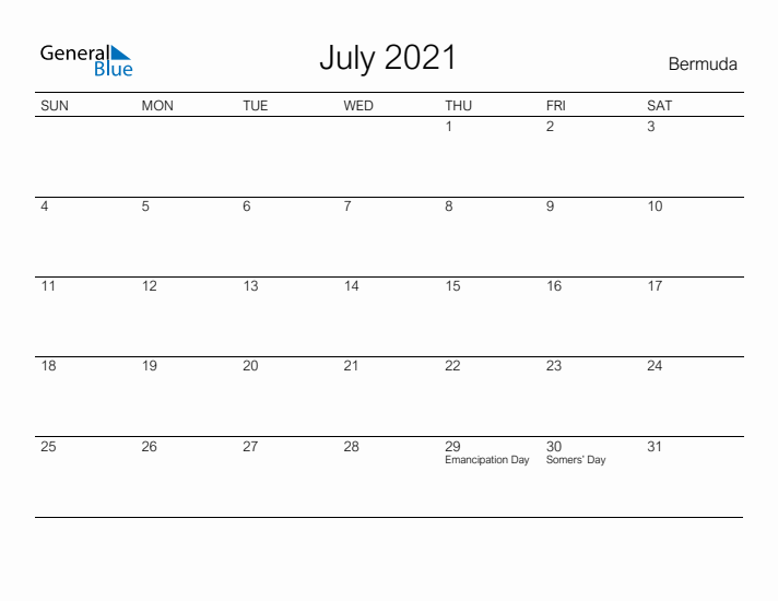 Printable July 2021 Calendar for Bermuda
