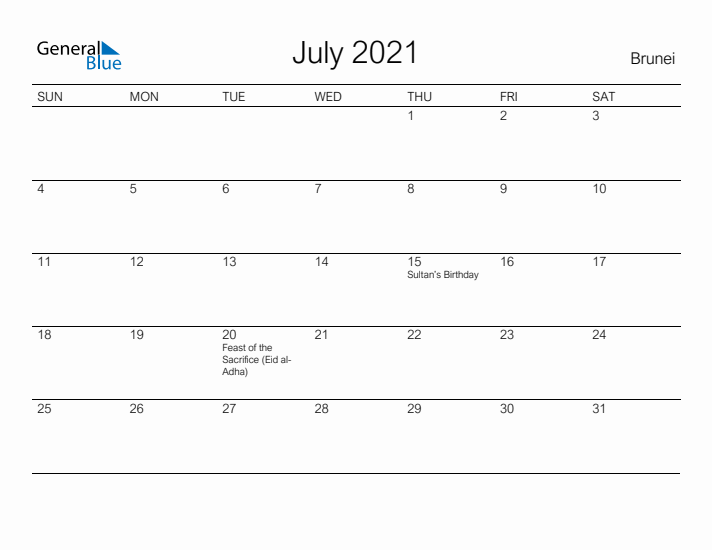 Printable July 2021 Calendar for Brunei