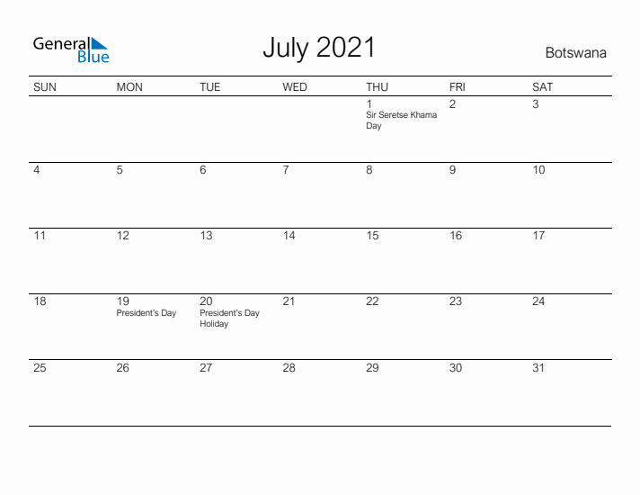 Printable July 2021 Calendar for Botswana