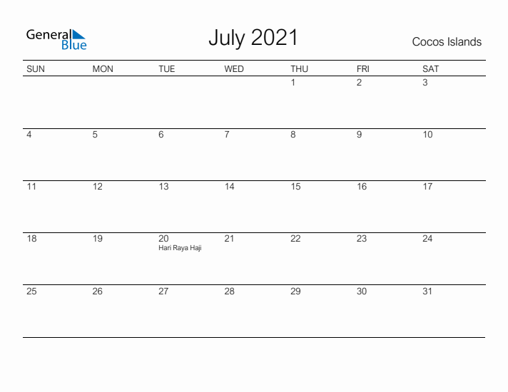 Printable July 2021 Calendar for Cocos Islands
