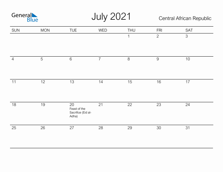 Printable July 2021 Calendar for Central African Republic