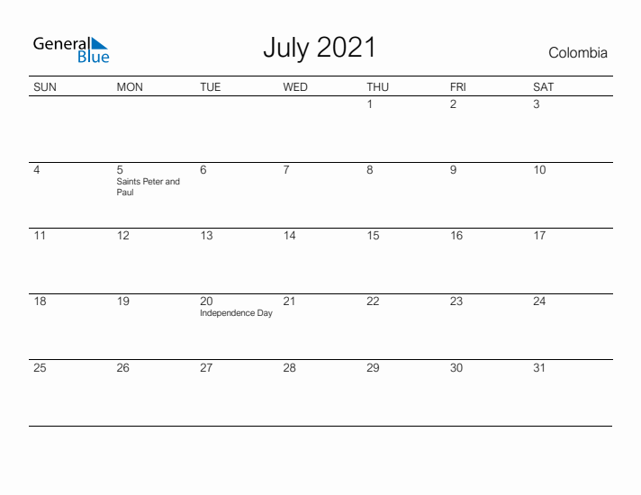 Printable July 2021 Calendar for Colombia