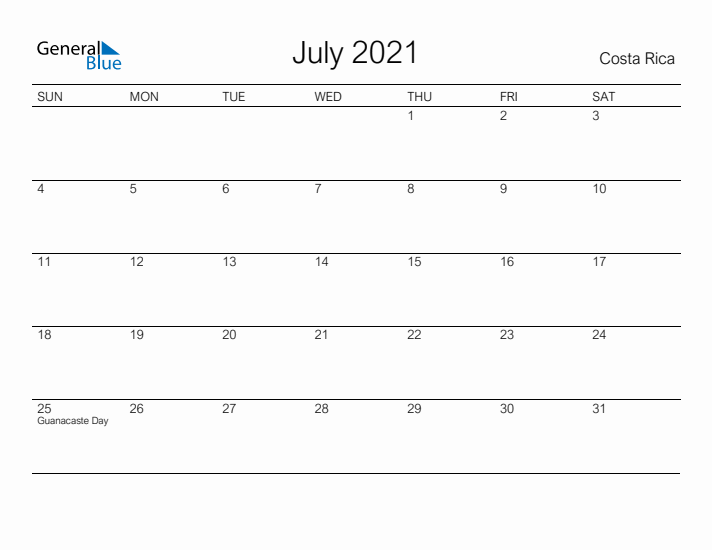 Printable July 2021 Calendar for Costa Rica
