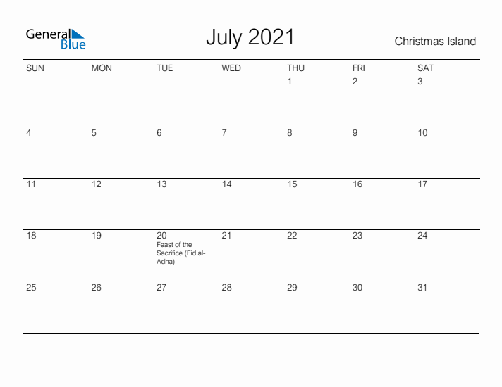 Printable July 2021 Calendar for Christmas Island