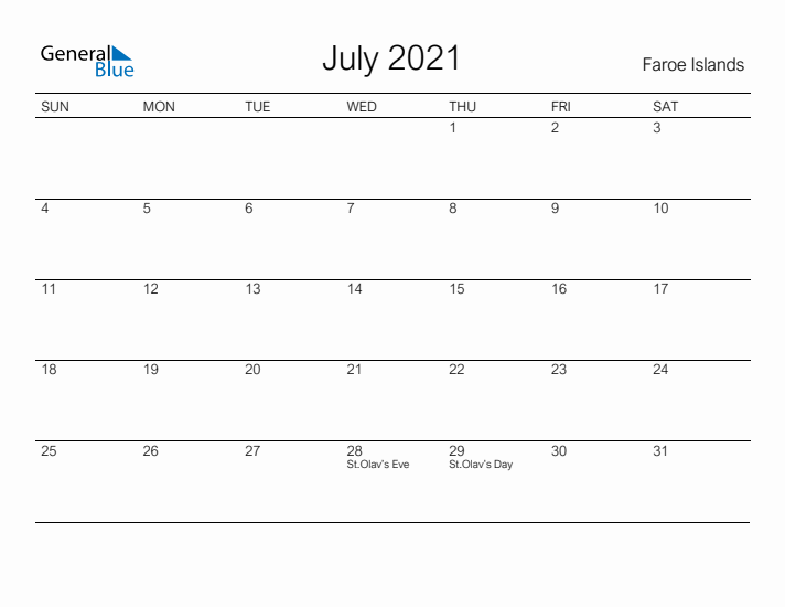 Printable July 2021 Calendar for Faroe Islands