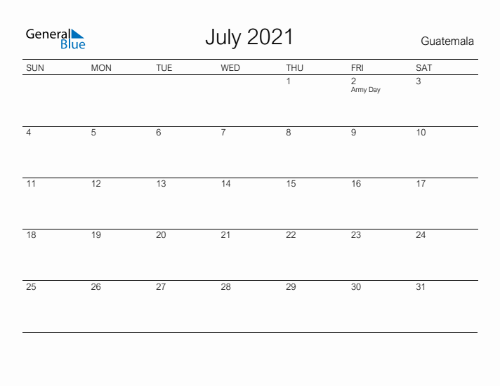 Printable July 2021 Calendar for Guatemala