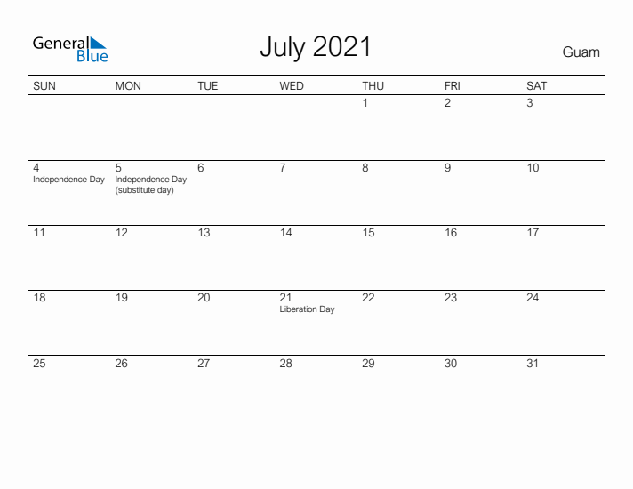Printable July 2021 Calendar for Guam
