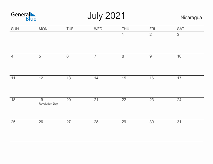 Printable July 2021 Calendar for Nicaragua