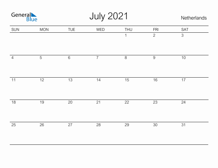 Printable July 2021 Calendar for The Netherlands