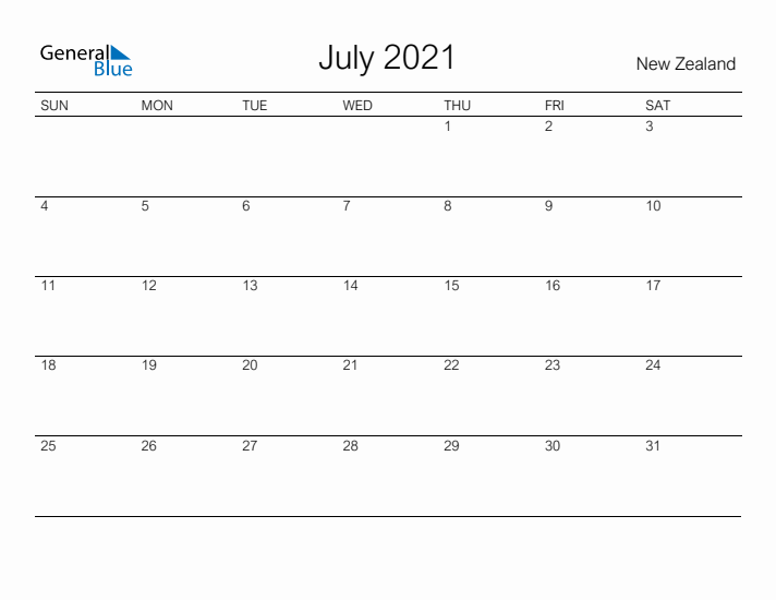 Printable July 2021 Calendar for New Zealand