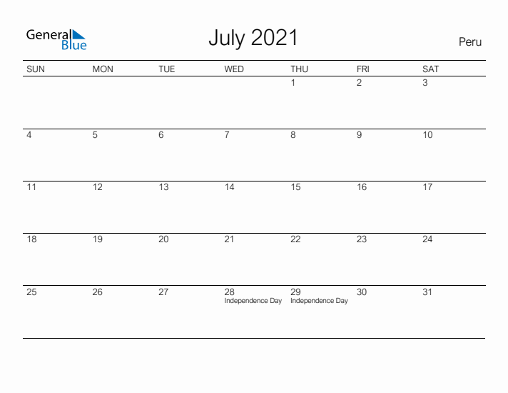 Printable July 2021 Calendar for Peru