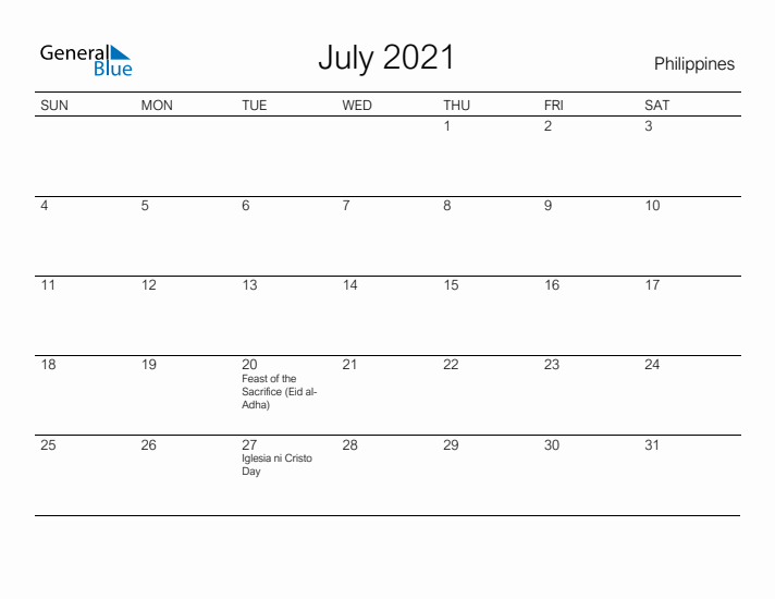 Printable July 2021 Calendar for Philippines