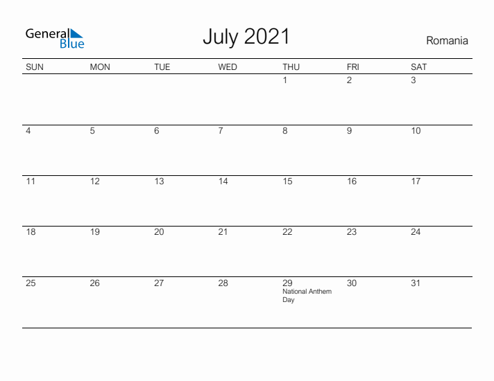 Printable July 2021 Calendar for Romania