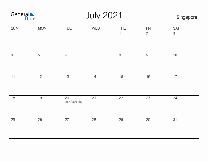 Printable July 2021 Calendar for Singapore