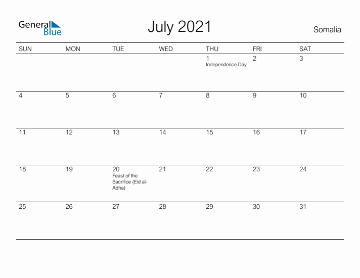 Printable July 2021 Calendar for Somalia