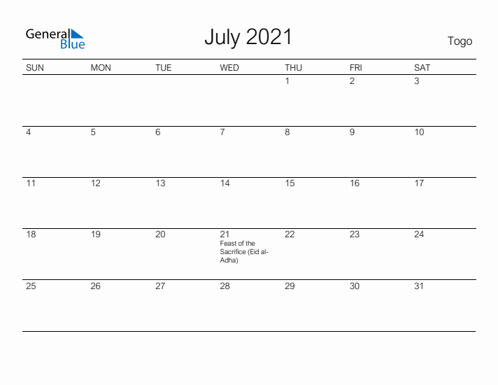 Printable July 2021 Calendar for Togo