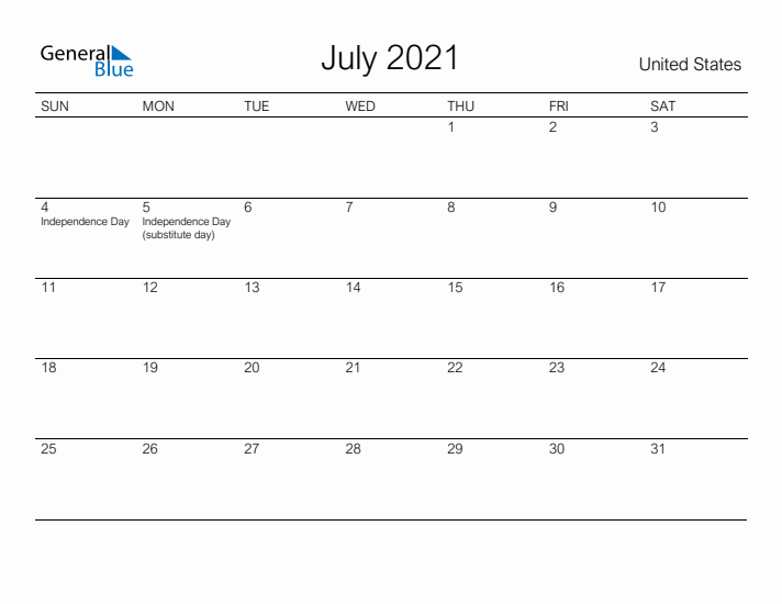 Printable July 2021 Calendar for United States
