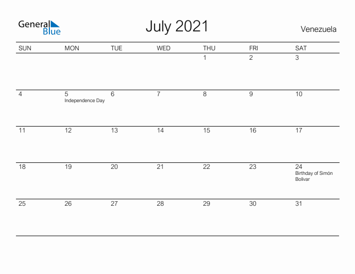 Printable July 2021 Calendar for Venezuela