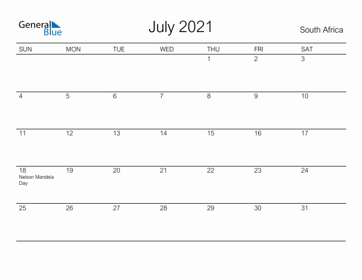 Printable July 2021 Calendar for South Africa